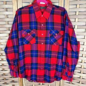 VINTAGE Acrylic Warm Red Purple Yellow and Blue Plaid Button Down Flannel Shirt